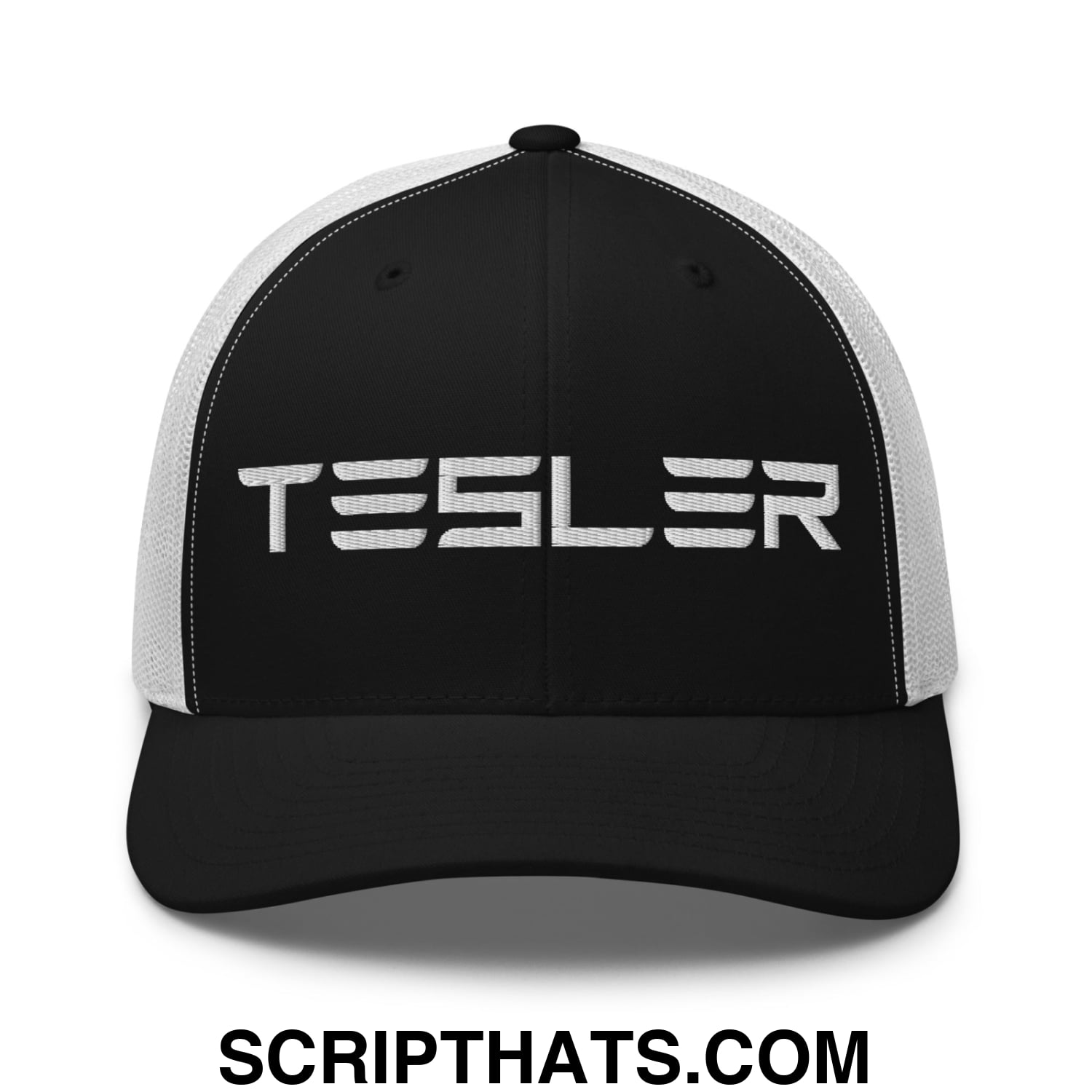 TESLER Embroidered Mesh Trucker Hat Black White