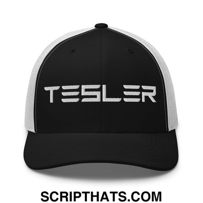 TESLER Embroidered Mesh Trucker Hat Black White