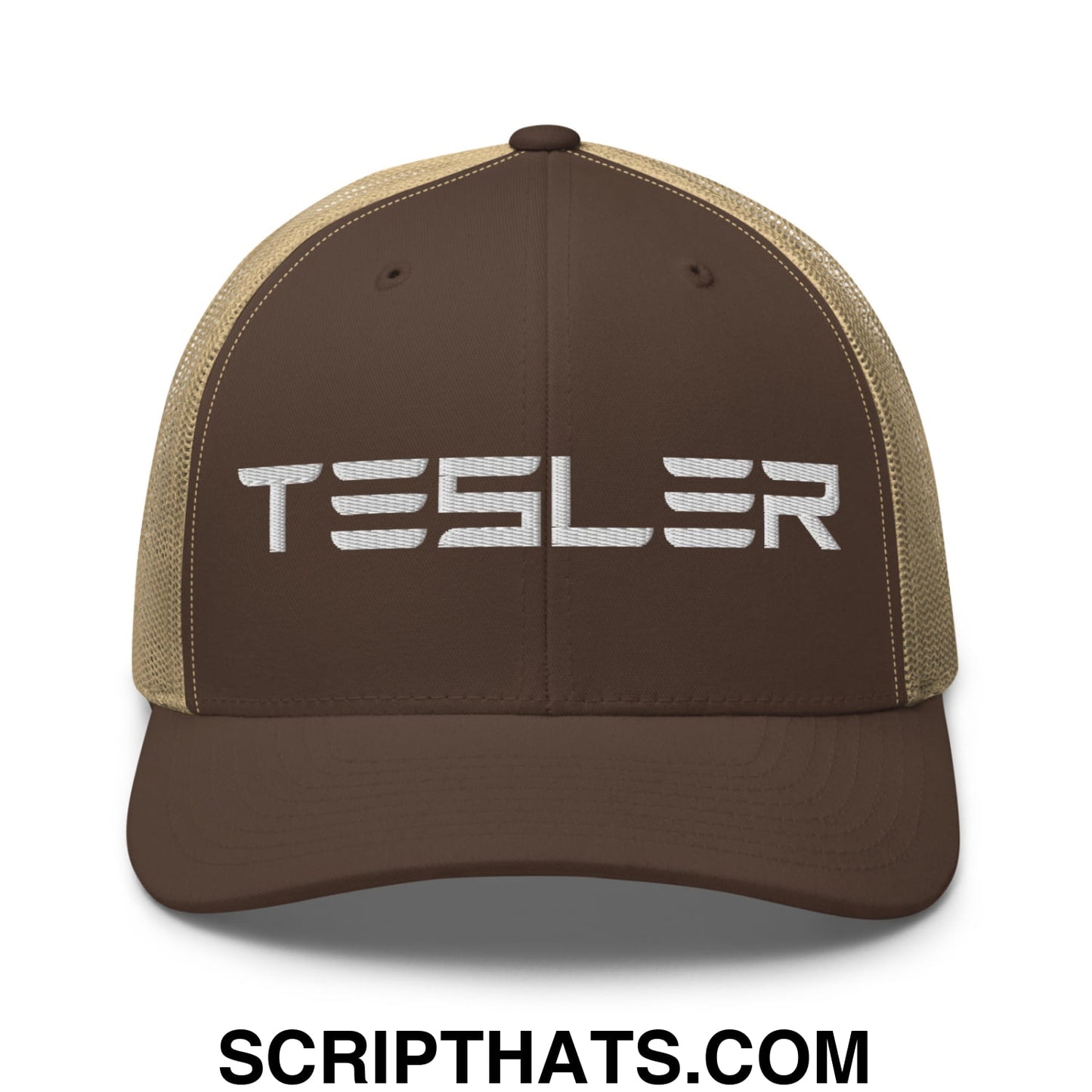 TESLER Embroidered Mesh Trucker Hat Brown Khaki