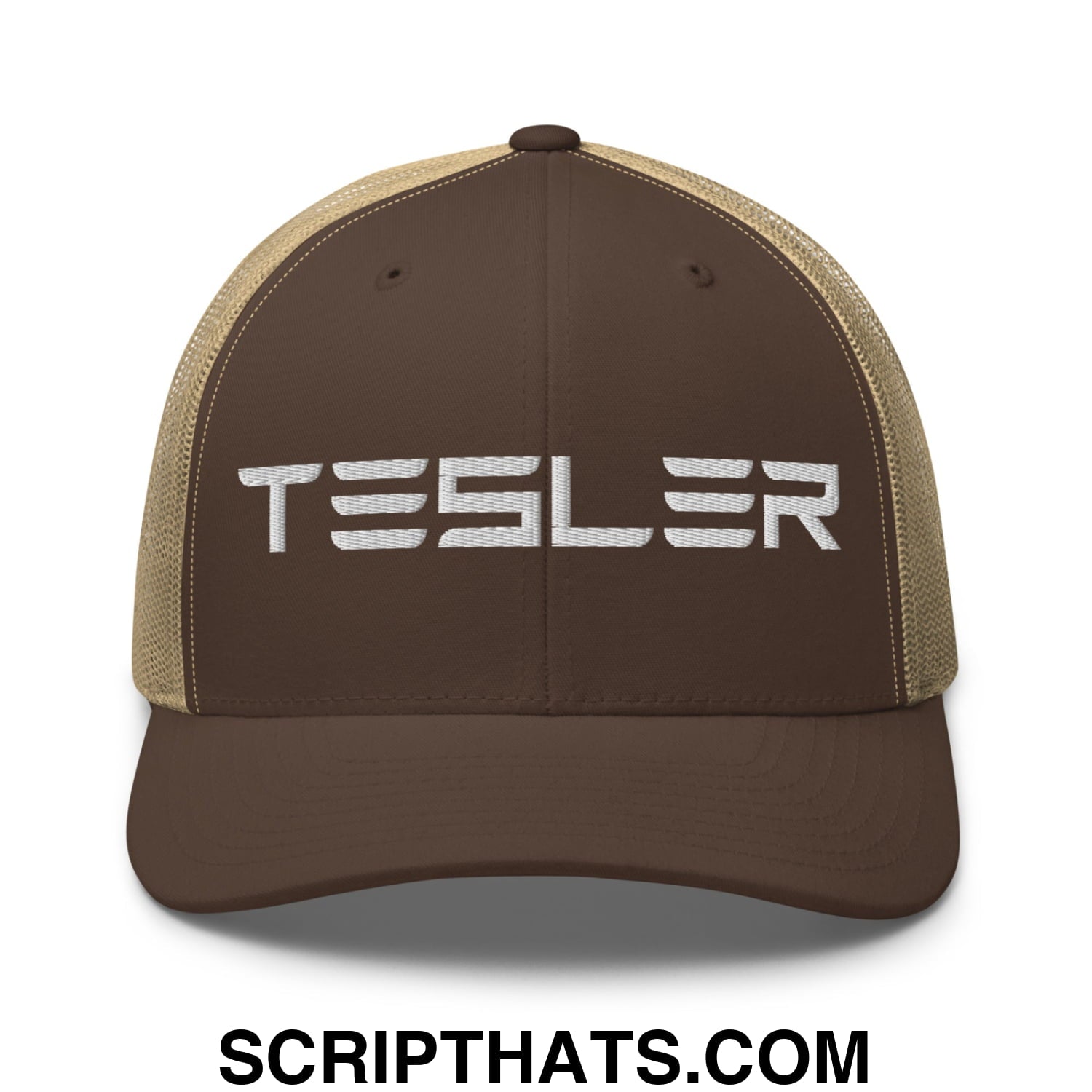 TESLER Embroidered Mesh Trucker Hat Brown Khaki