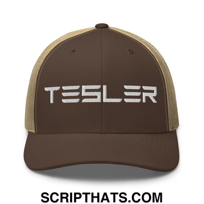 TESLER Embroidered Mesh Trucker Hat Brown Khaki
