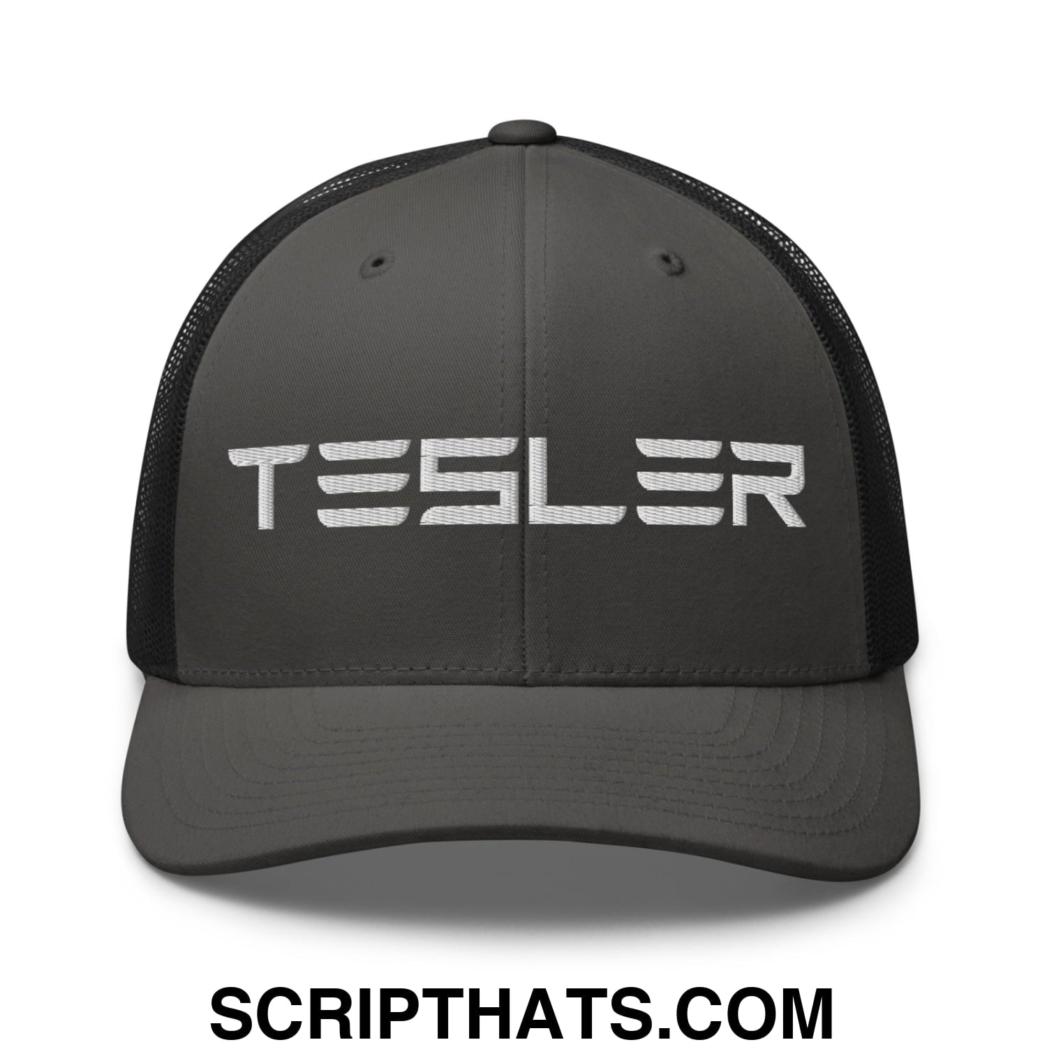TESLER Embroidered Mesh Trucker Hat Charcoal Black