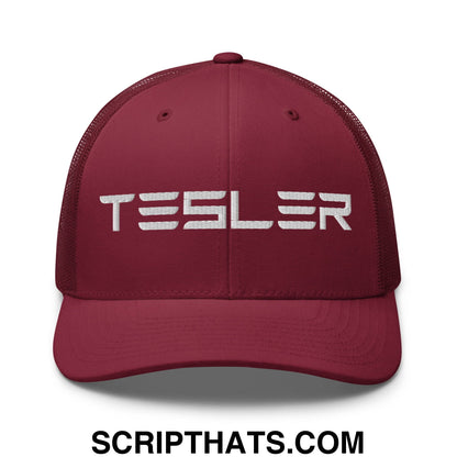 TESLER Embroidered Mesh Trucker Hat Cranberry