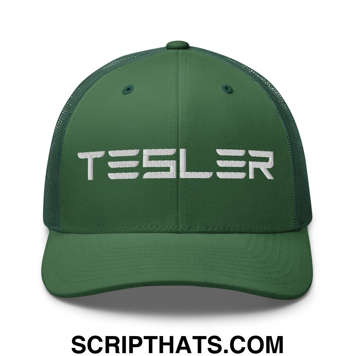TESLER Embroidered Mesh Trucker Hat Evergreen