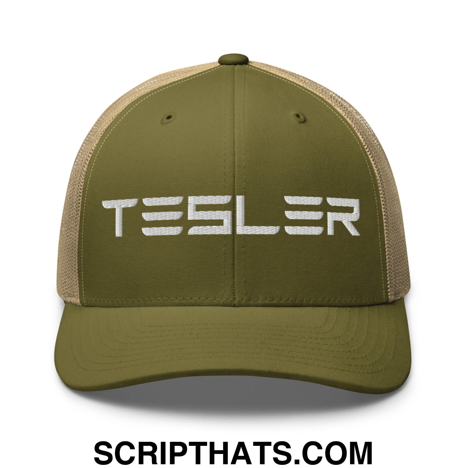 TESLER Embroidered Mesh Trucker Hat Moss Khaki
