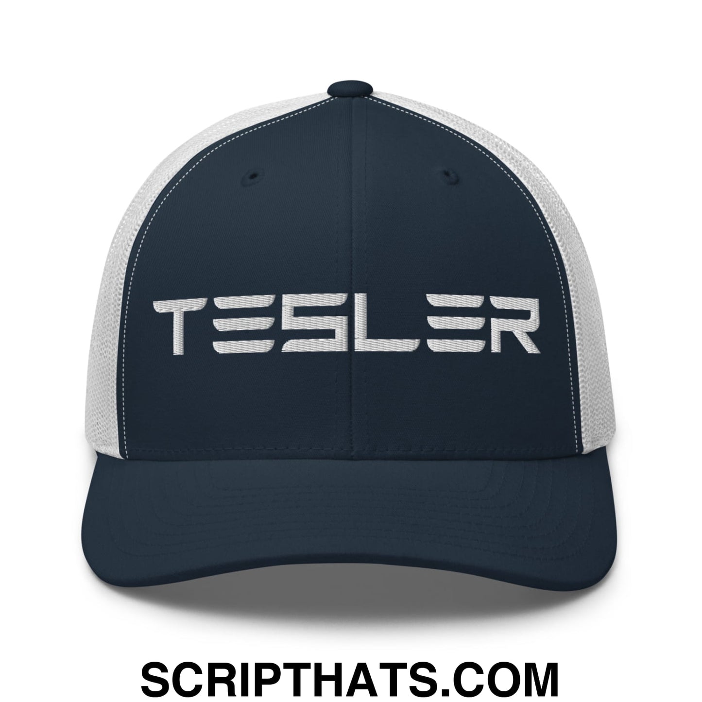 TESLER Embroidered Mesh Trucker Hat Navy White