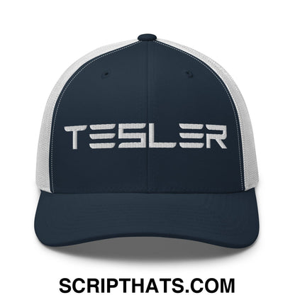 TESLER Embroidered Mesh Trucker Hat Navy White