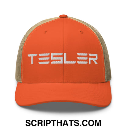 TESLER Embroidered Mesh Trucker Hat Rustic Orange Khaki