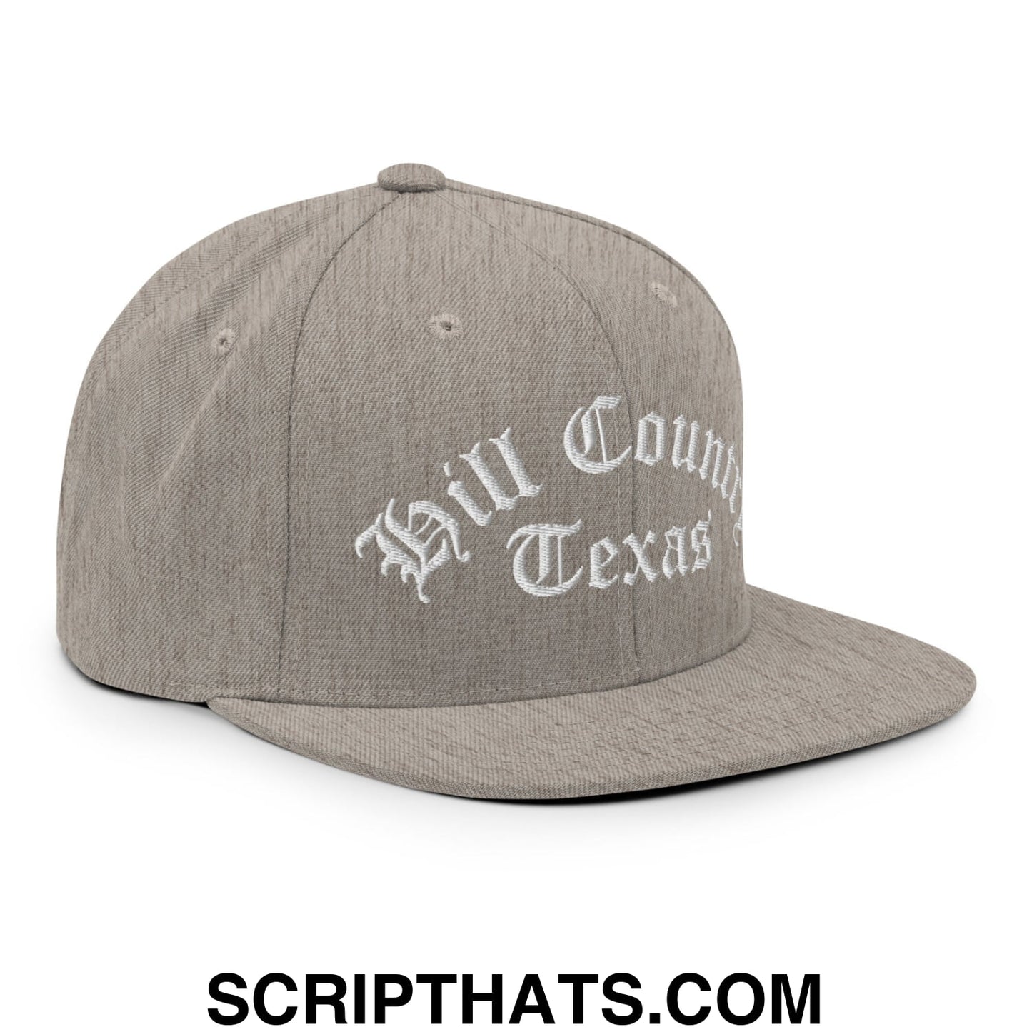 Texas Hill Country Old English Embroidered Flat Bill Brim Snapback Hat Heather Grey