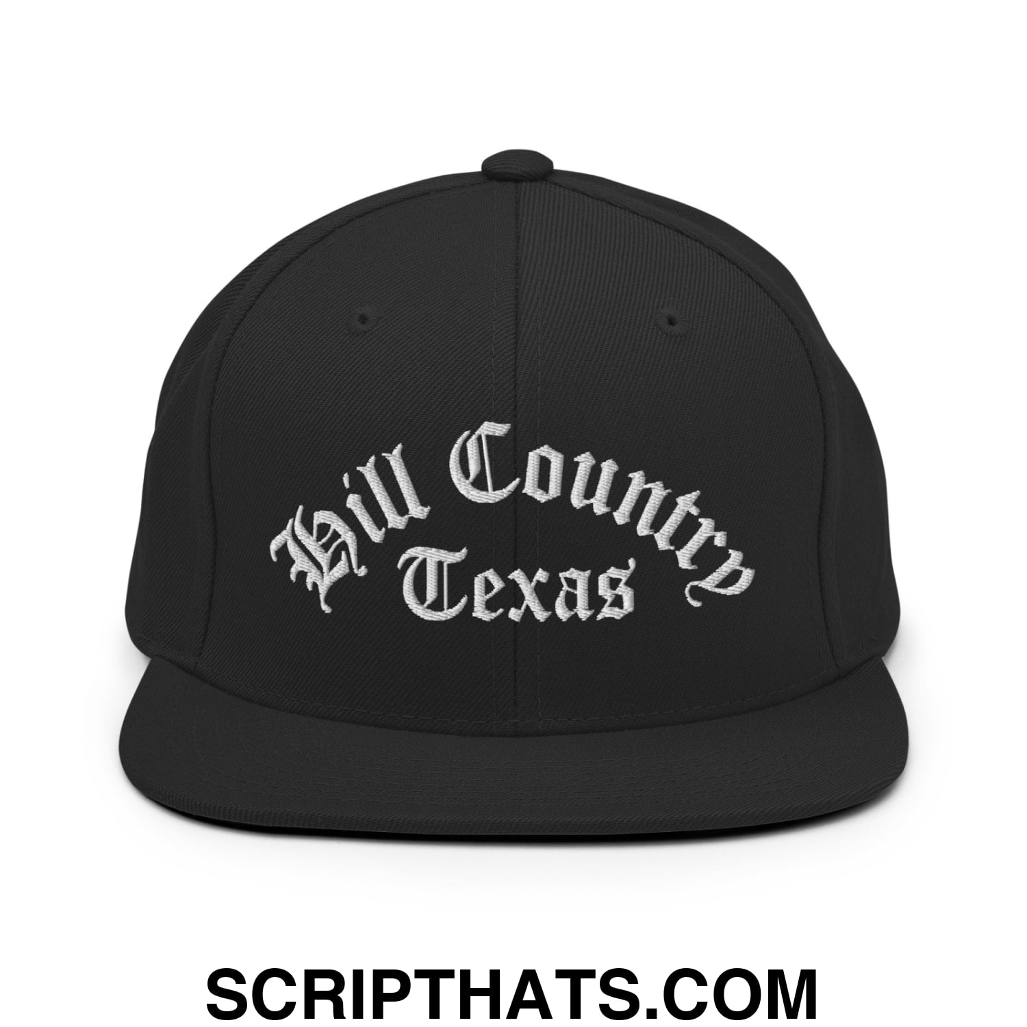 Texas Hill Country Old English Embroidered Flat Bill Brim Snapback Hat Black