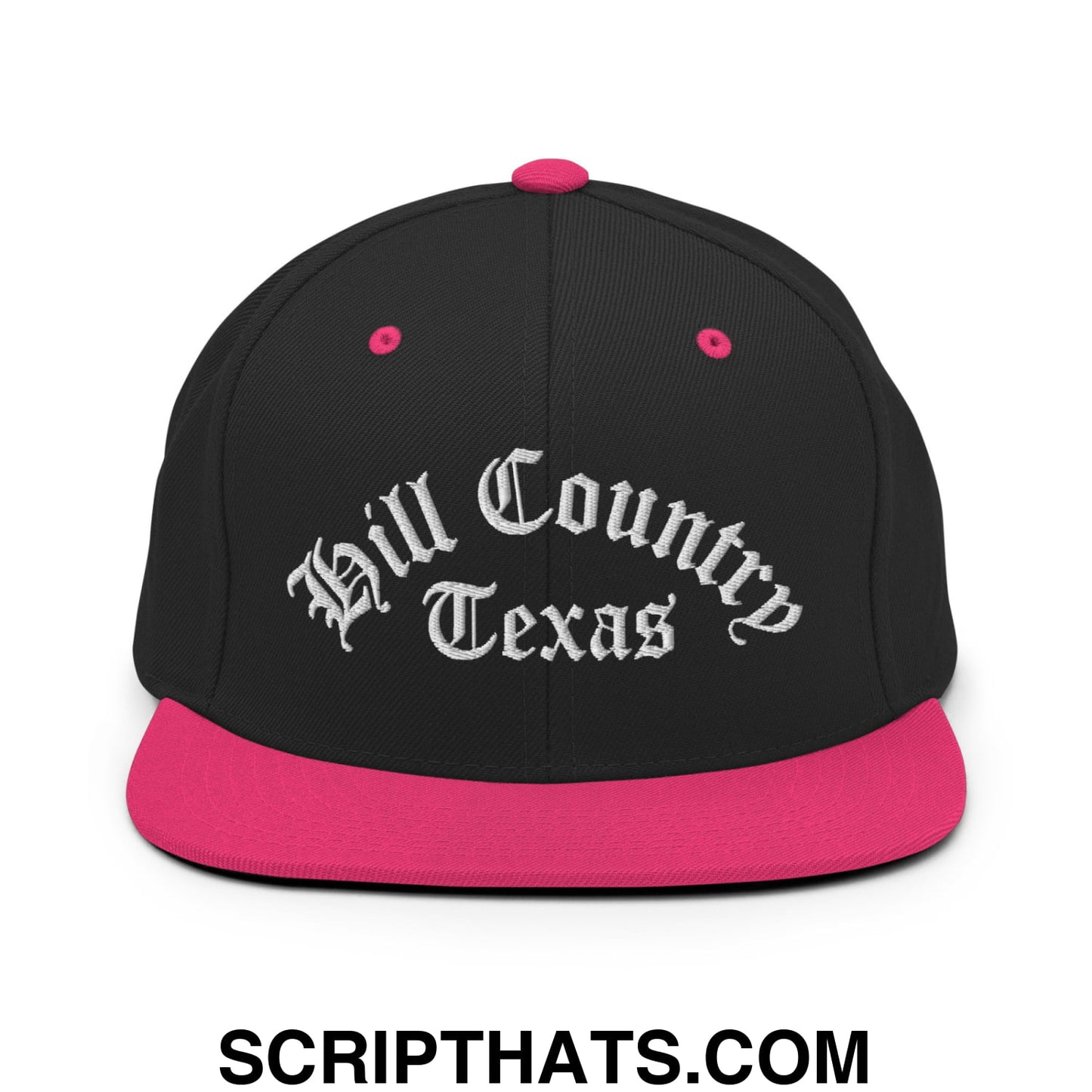 Texas Hill Country Old English Embroidered Flat Bill Brim Snapback Hat Black Neon Pink