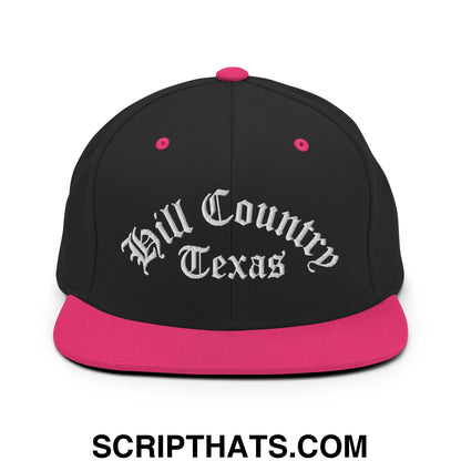 Texas Hill Country Old English Embroidered Flat Bill Brim Snapback Hat Black Neon Pink