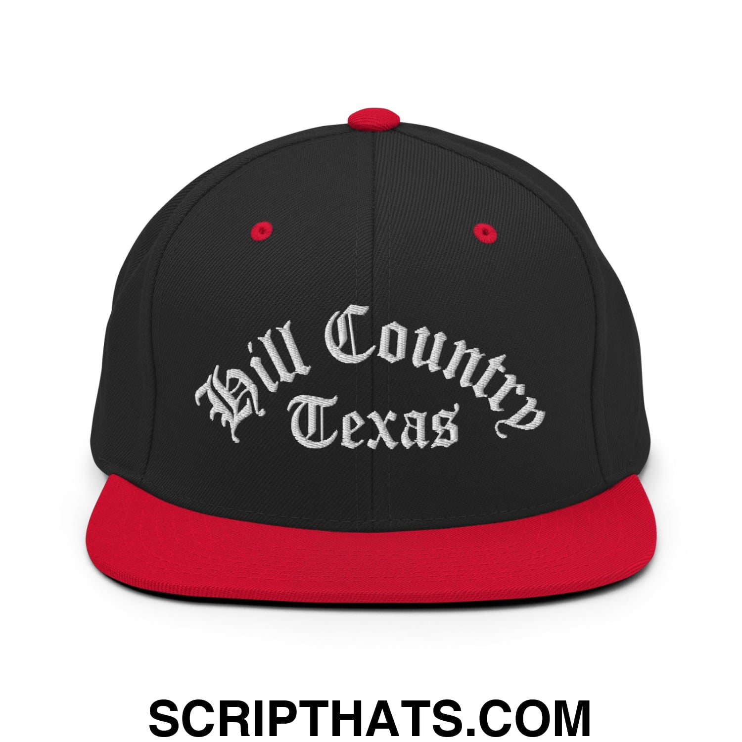 Texas Hill Country Old English Embroidered Flat Bill Brim Snapback Hat Black Red