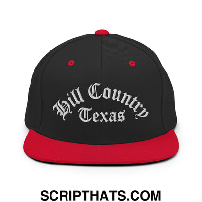 Texas Hill Country Old English Embroidered Flat Bill Brim Snapback Hat Black Red