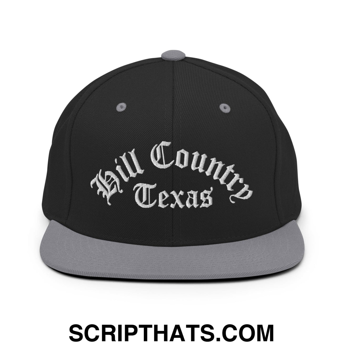 Texas Hill Country Old English Embroidered Flat Bill Brim Snapback Hat Black Silver