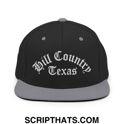 Texas Hill Country Old English Embroidered Flat Bill Brim Snapback Hat Black Silver