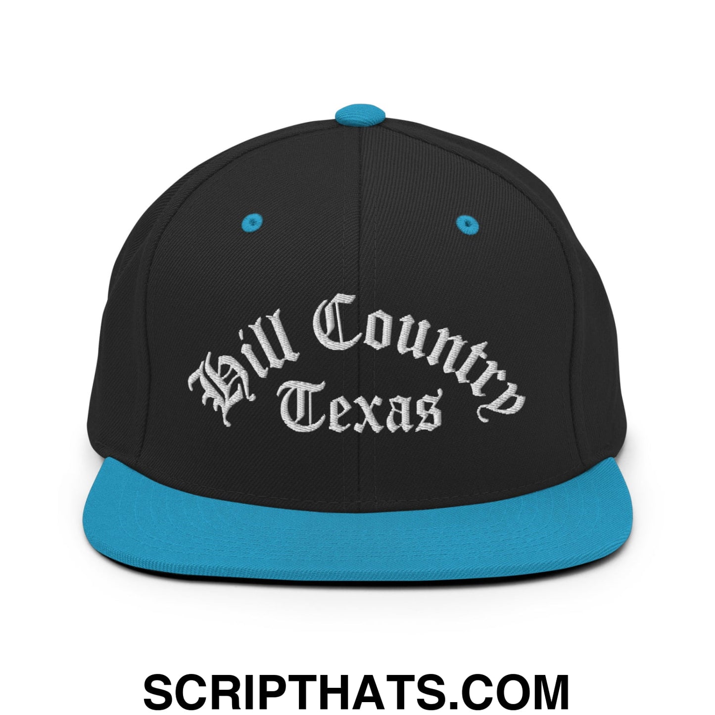 Texas Hill Country Old English Embroidered Flat Bill Brim Snapback Hat Black Teal