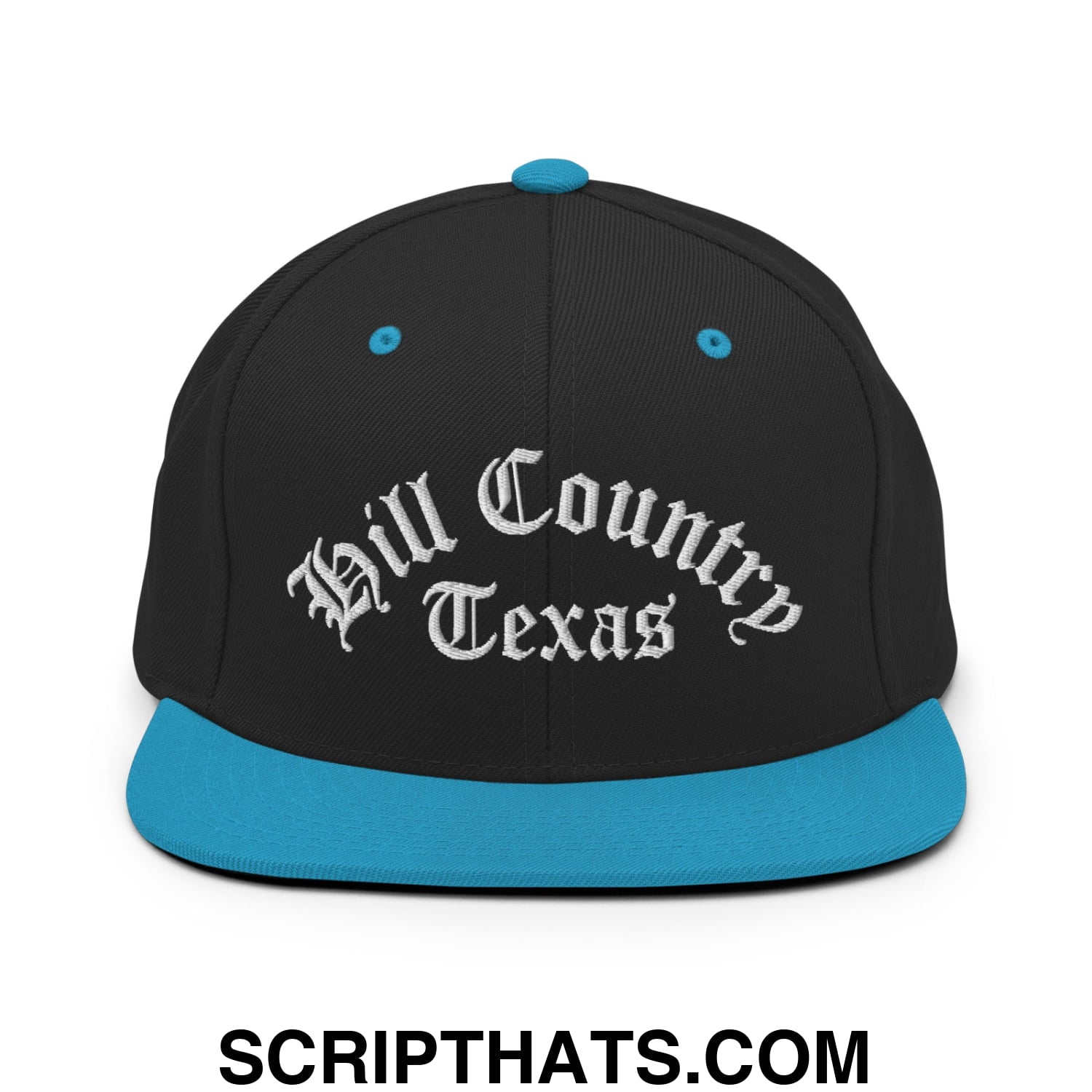 Texas Hill Country Old English Embroidered Flat Bill Brim Snapback Hat Black Teal