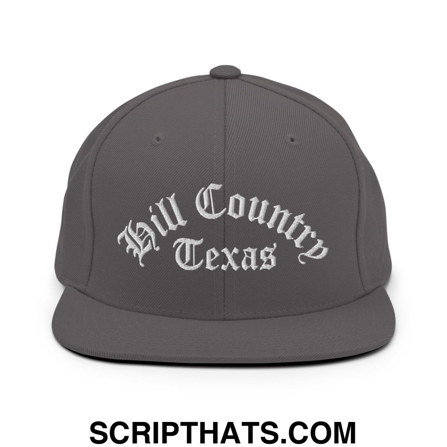 Texas Hill Country Old English Embroidered Flat Bill Brim Snapback Hat Dark Grey