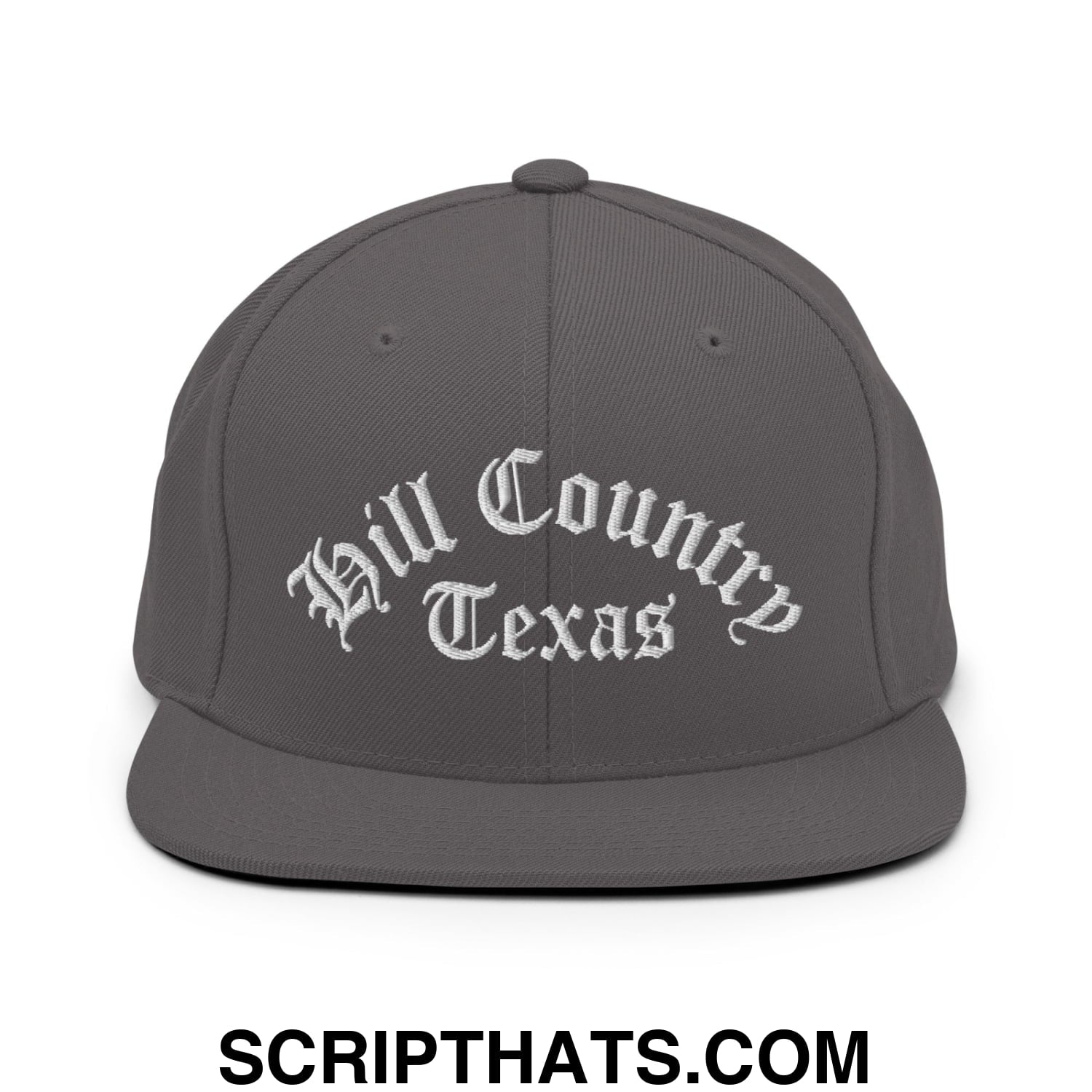 Texas Hill Country Old English Embroidered Flat Bill Brim Snapback Hat Dark Grey