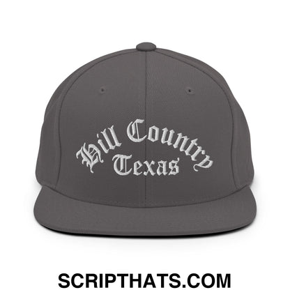 Texas Hill Country Old English Embroidered Flat Bill Brim Snapback Hat Dark Grey