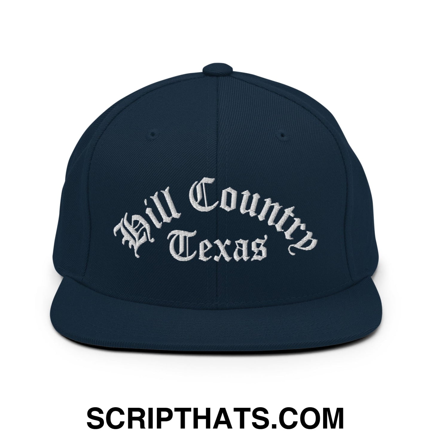 Texas Hill Country Old English Embroidered Flat Bill Brim Snapback Hat Dark Navy