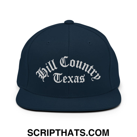 Texas Hill Country Old English Embroidered Flat Bill Brim Snapback Hat Dark Navy