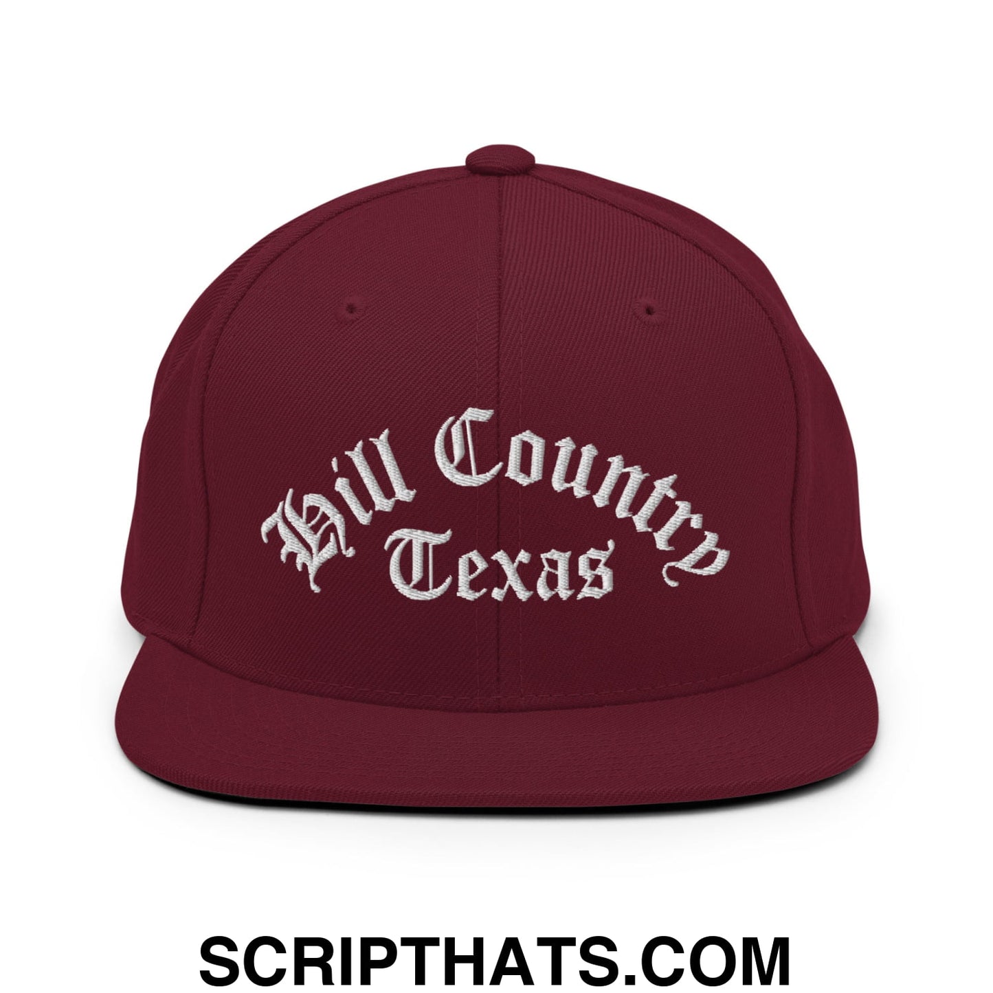 Texas Hill Country Old English Embroidered Flat Bill Brim Snapback Hat Maroon