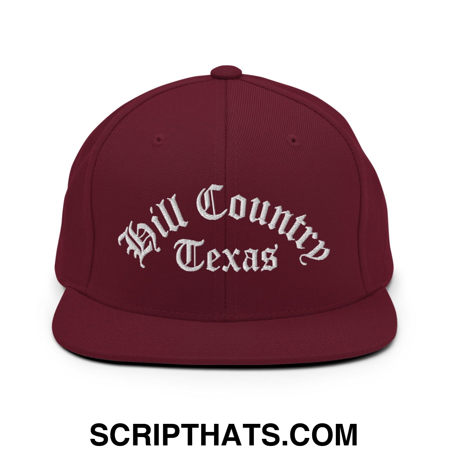 Texas Hill Country Old English Embroidered Flat Bill Brim Snapback Hat Maroon
