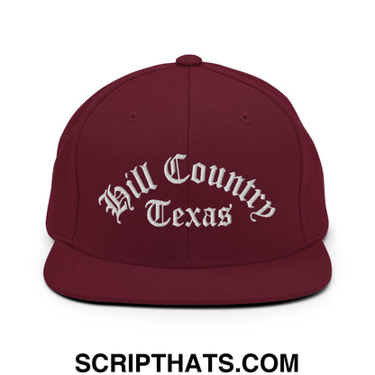 Texas Hill Country Old English Embroidered Flat Bill Brim Snapback Hat Maroon