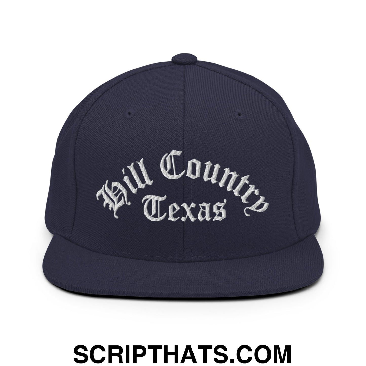 Texas Hill Country Old English Embroidered Flat Bill Brim Snapback Hat Navy