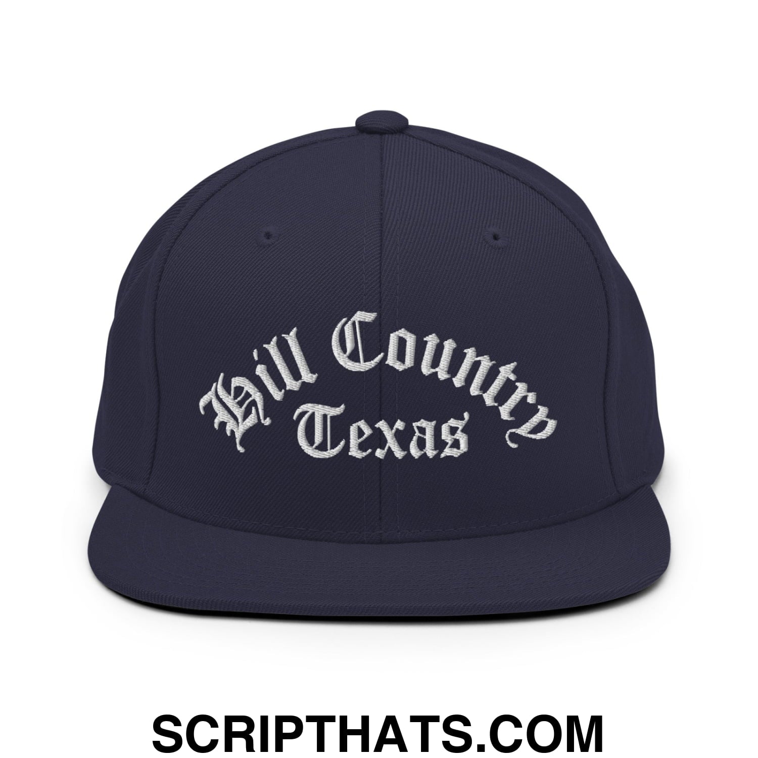 Texas Hill Country Old English Embroidered Flat Bill Brim Snapback Hat Navy