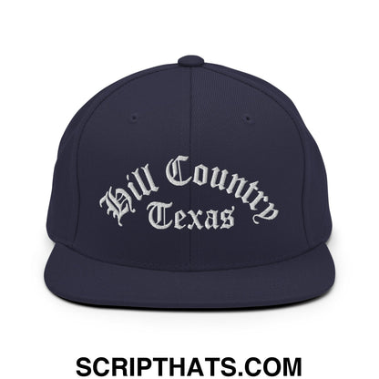 Texas Hill Country Old English Embroidered Flat Bill Brim Snapback Hat Navy