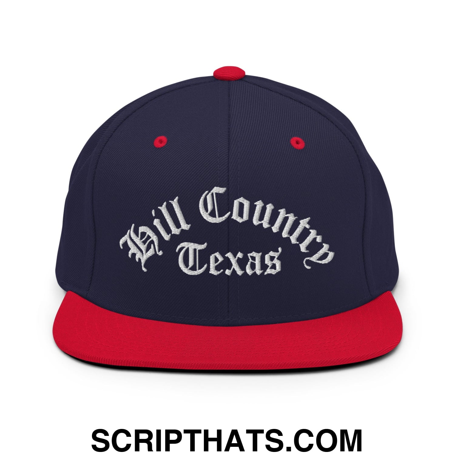 Texas Hill Country Old English Embroidered Flat Bill Brim Snapback Hat Navy Red