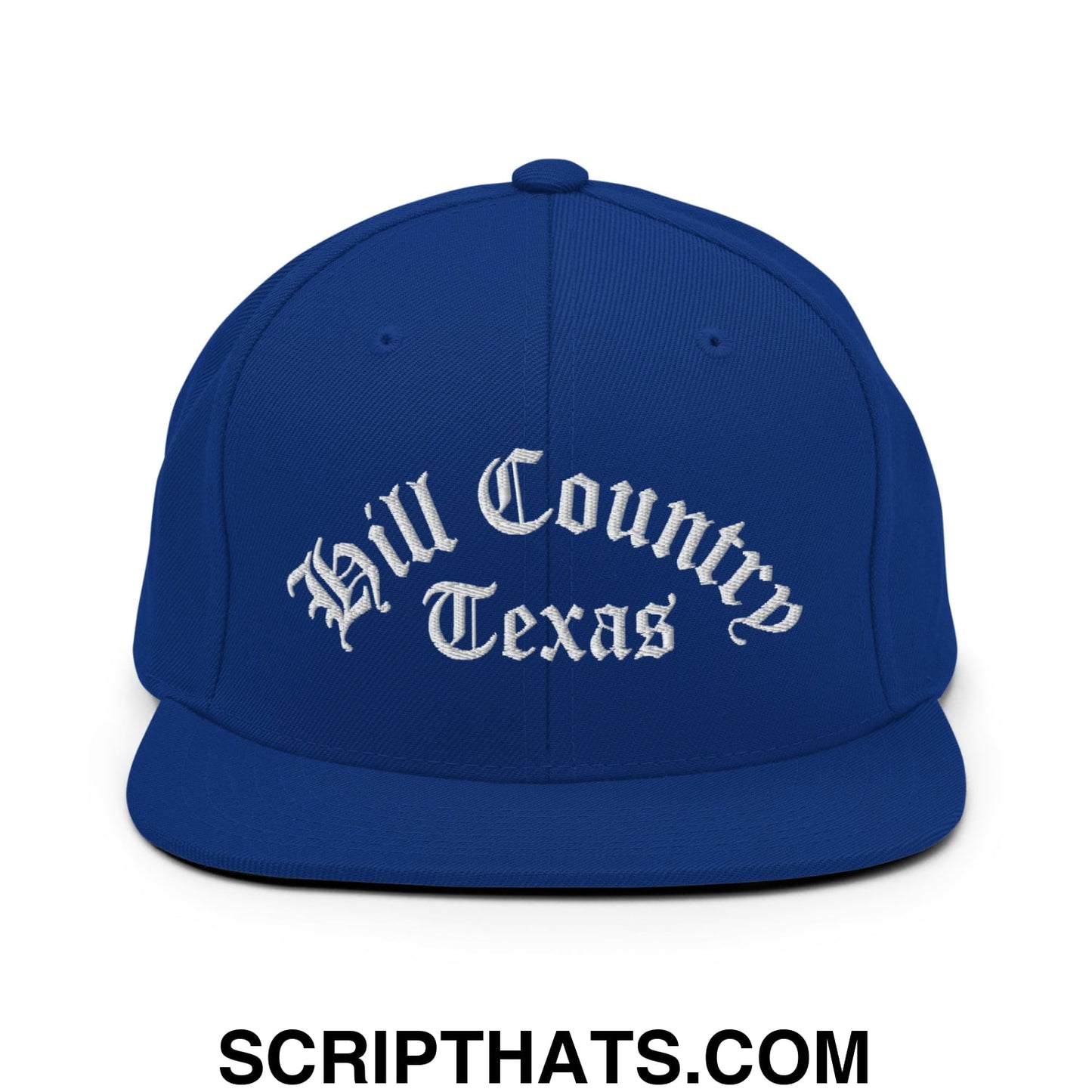 Texas Hill Country Old English Embroidered Flat Bill Brim Snapback Hat Royal Blue