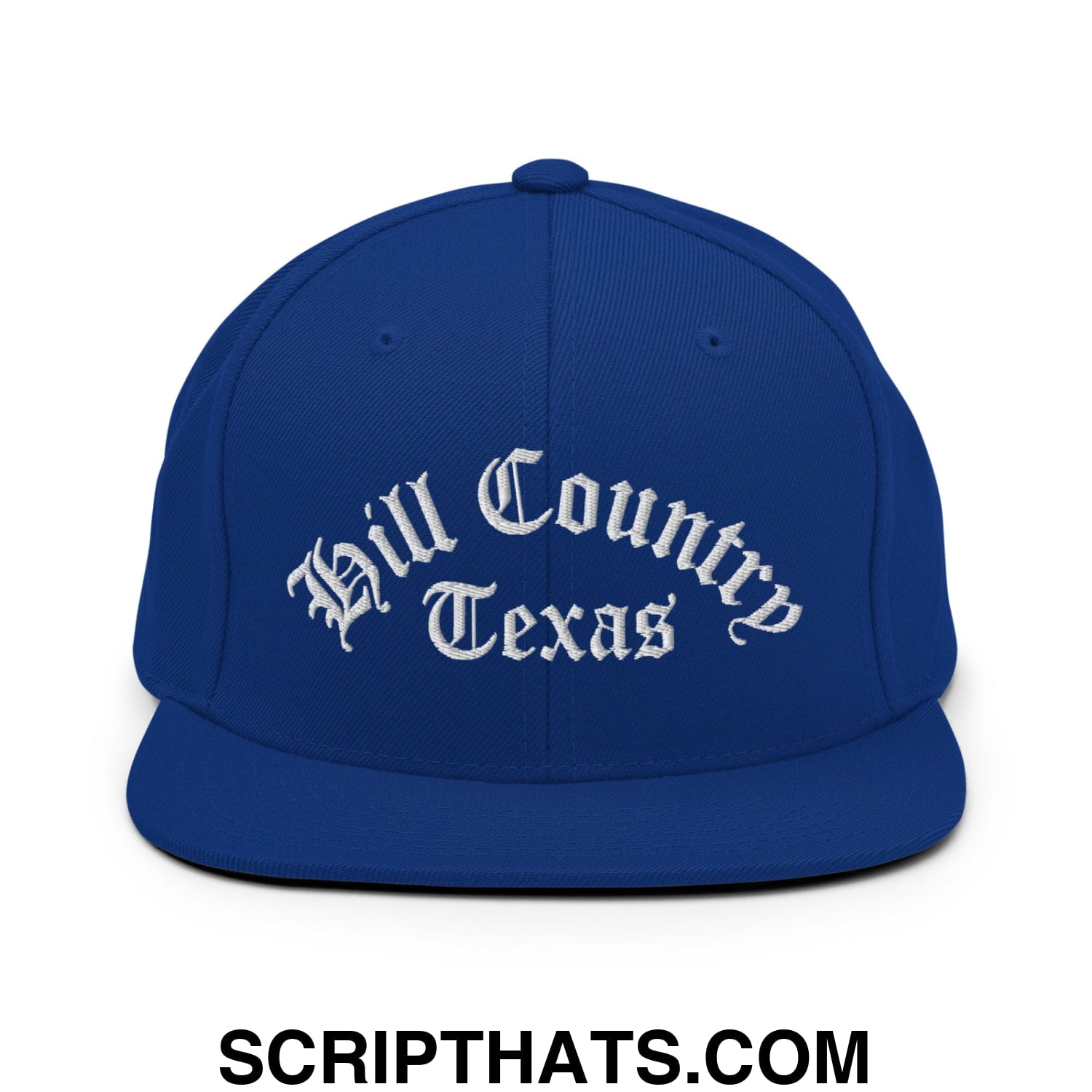 Texas Hill Country Old English Embroidered Flat Bill Brim Snapback Hat Royal Blue