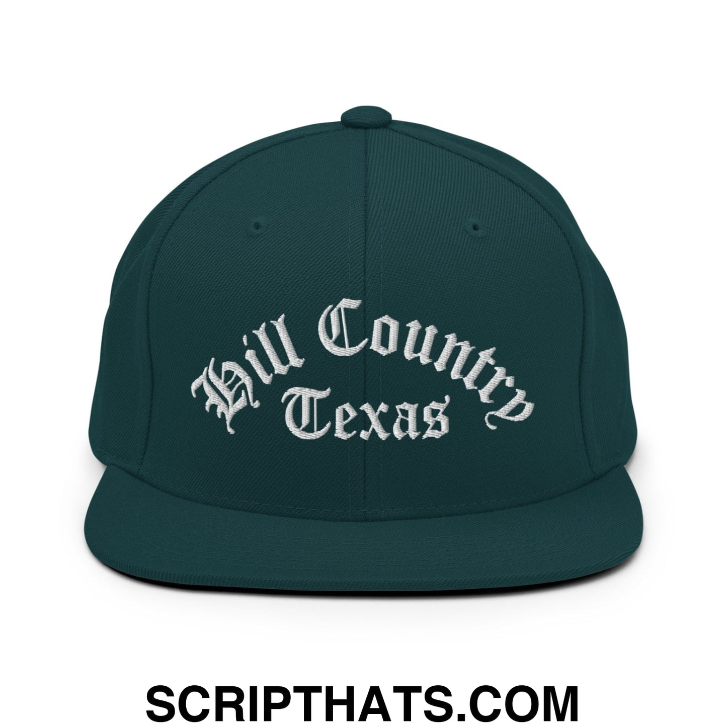 Texas Hill Country Old English Embroidered Flat Bill Brim Snapback Hat Spruce