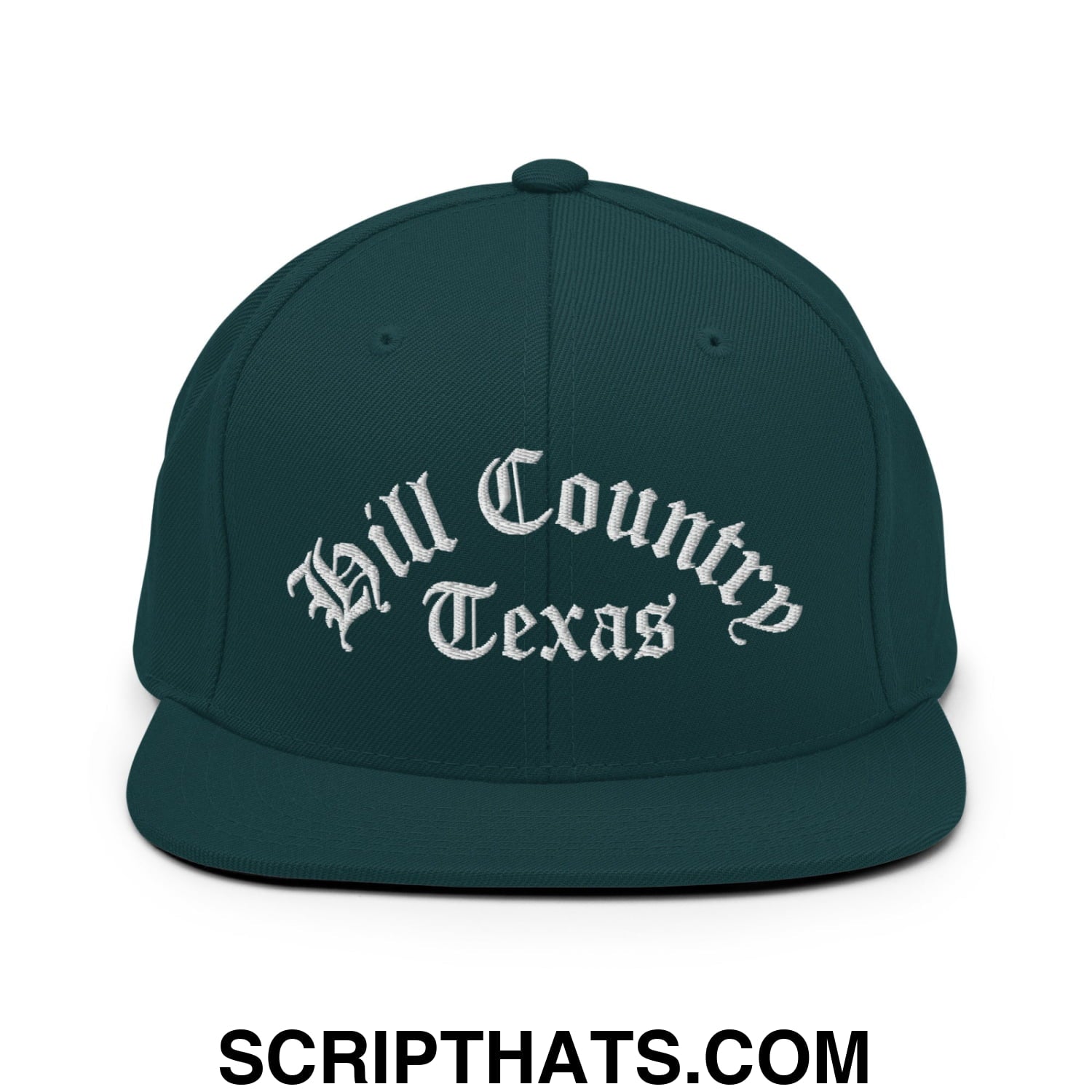 Texas Hill Country Old English Embroidered Flat Bill Brim Snapback Hat Spruce