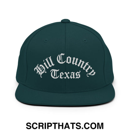 Texas Hill Country Old English Embroidered Flat Bill Brim Snapback Hat Spruce