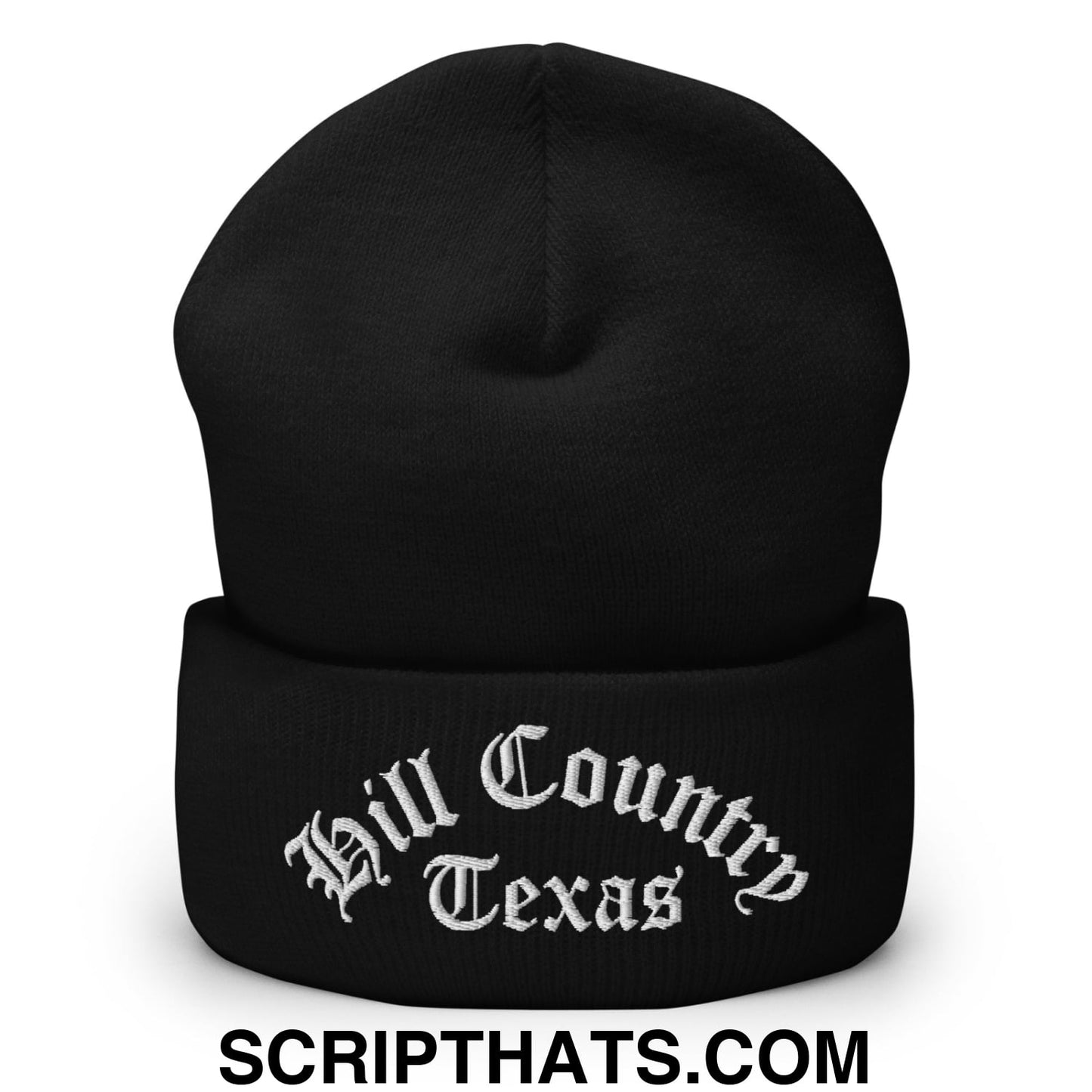 Texas Hill Country Old English Embroidered Knit Cuffed Beanie Black