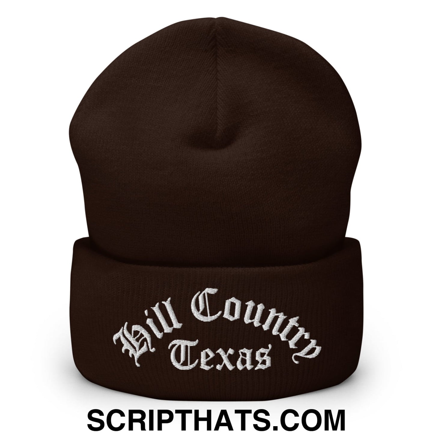 Texas Hill Country Old English Embroidered Knit Cuffed Beanie Brown