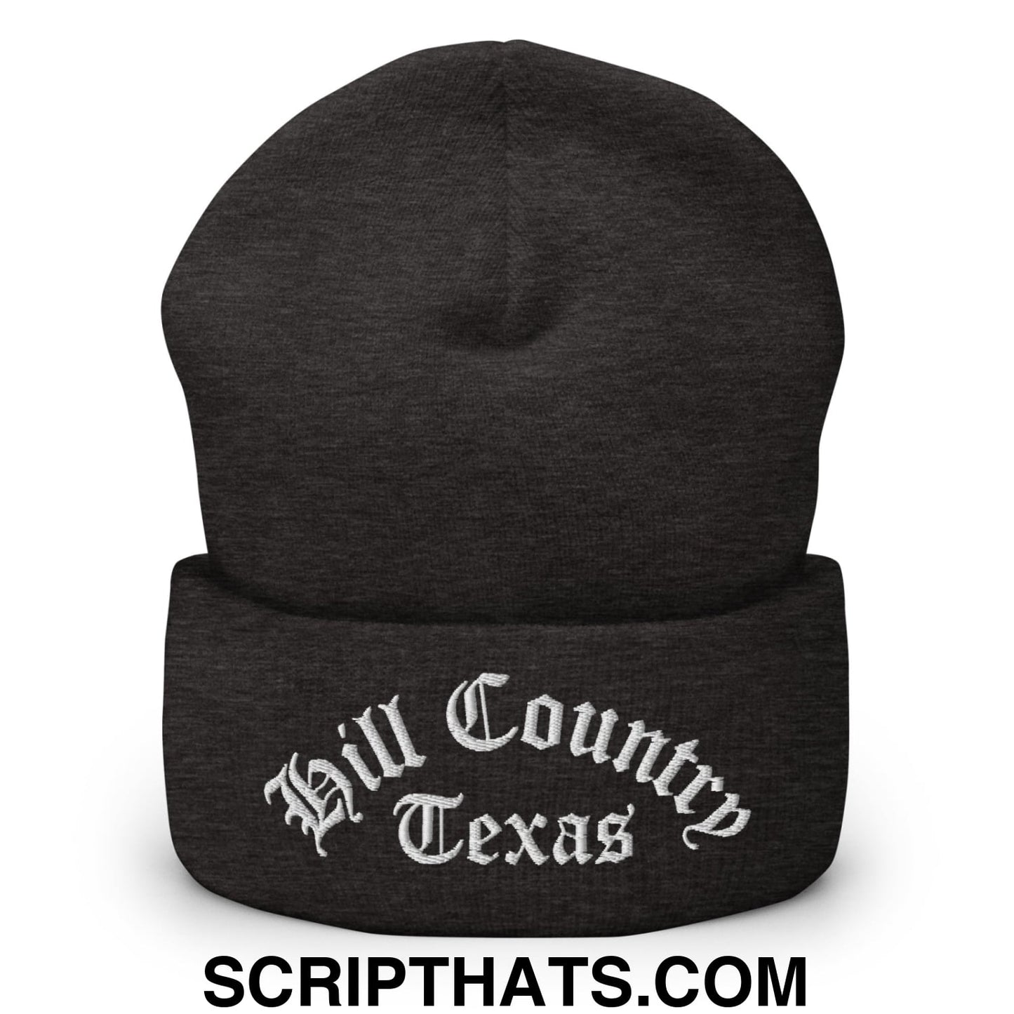 Texas Hill Country Old English Embroidered Knit Cuffed Beanie Dark Grey