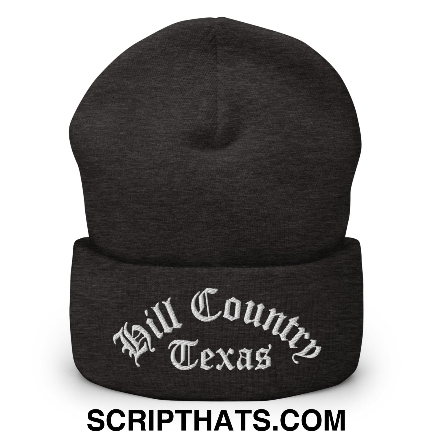 Texas Hill Country Old English Embroidered Knit Cuffed Beanie Dark Grey