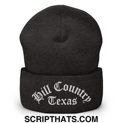 Texas Hill Country Old English Embroidered Knit Cuffed Beanie Dark Grey