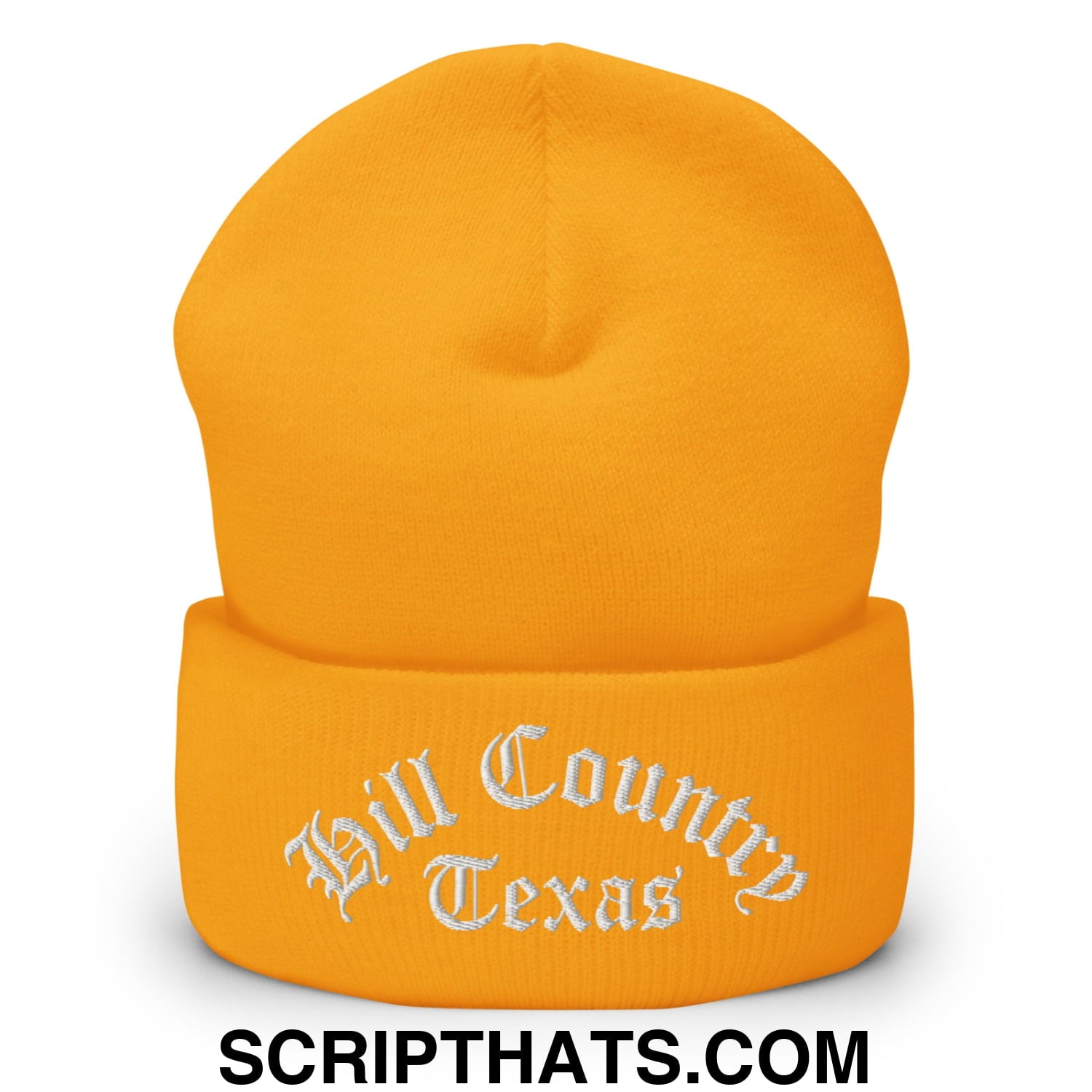 Texas Hill Country Old English Embroidered Knit Cuffed Beanie Gold