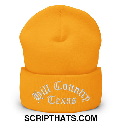 Texas Hill Country Old English Embroidered Knit Cuffed Beanie Gold
