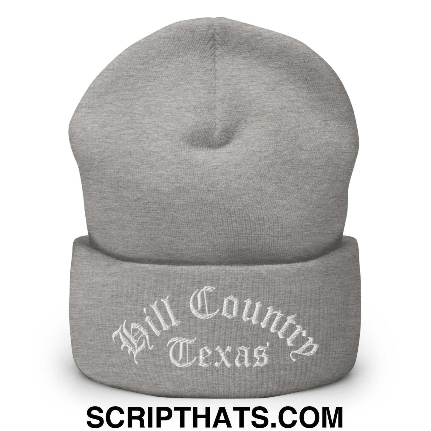 Texas Hill Country Old English Embroidered Knit Cuffed Beanie Heather Grey