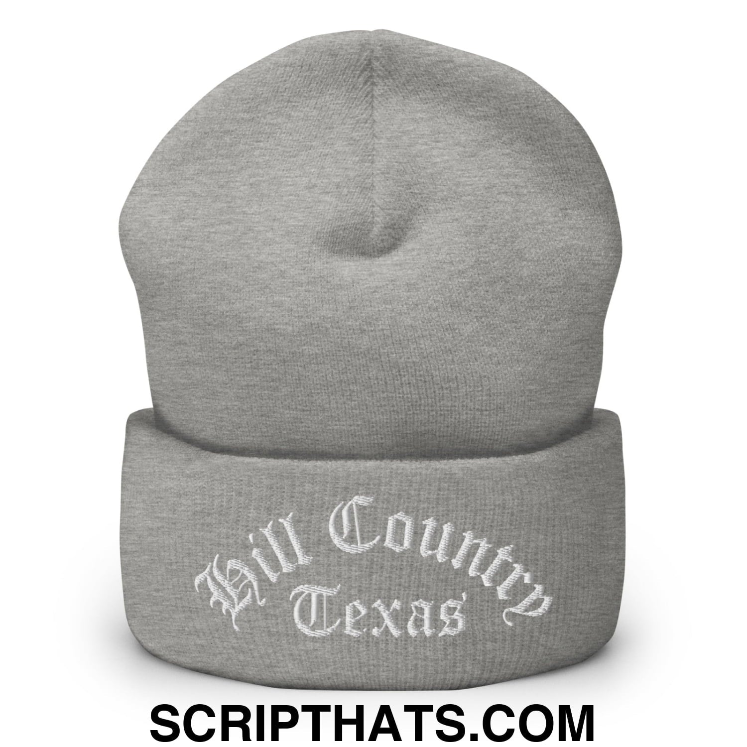 Texas Hill Country Old English Embroidered Knit Cuffed Beanie Heather Grey