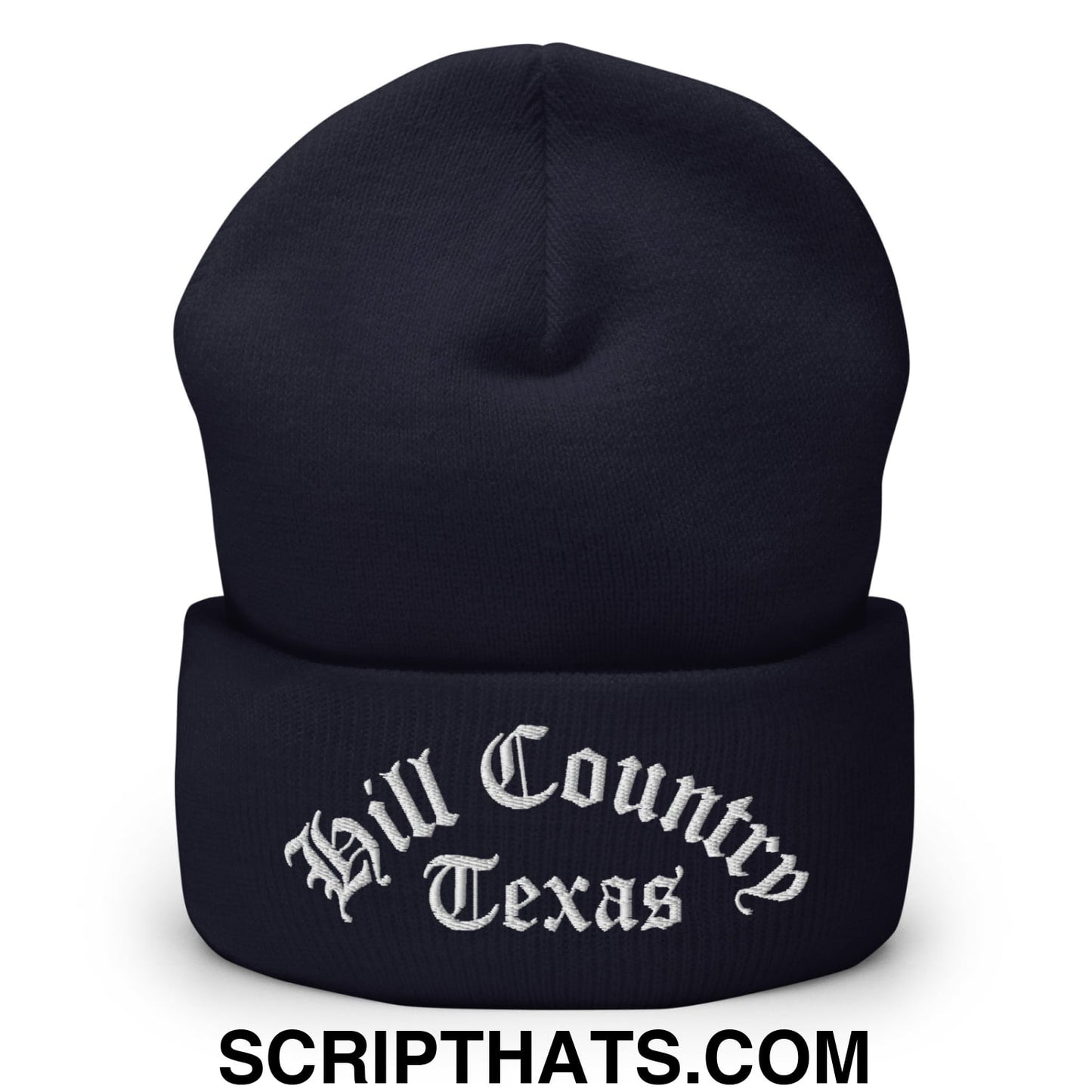 Texas Hill Country Old English Embroidered Knit Cuffed Beanie Navy