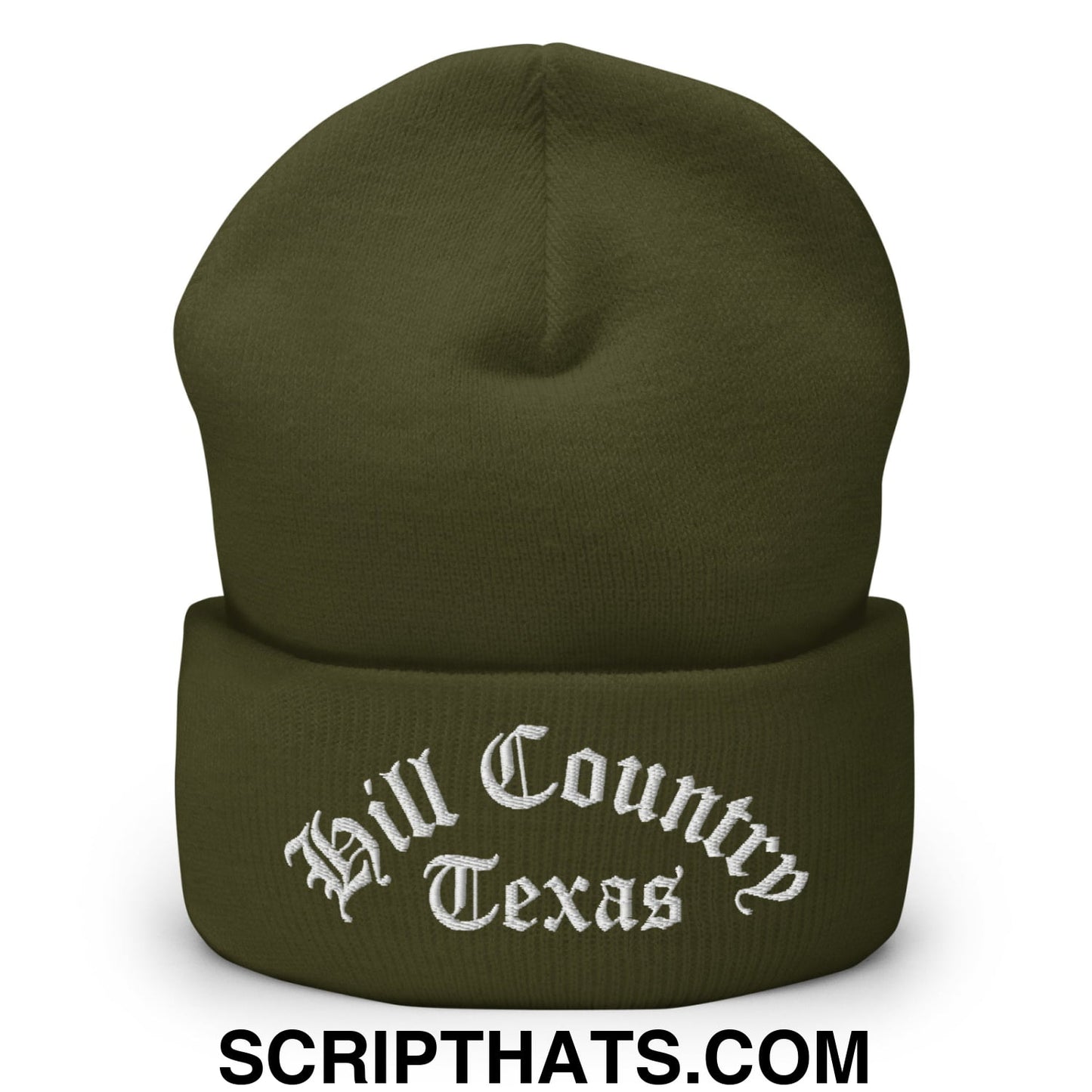 Texas Hill Country Old English Embroidered Knit Cuffed Beanie Olive
